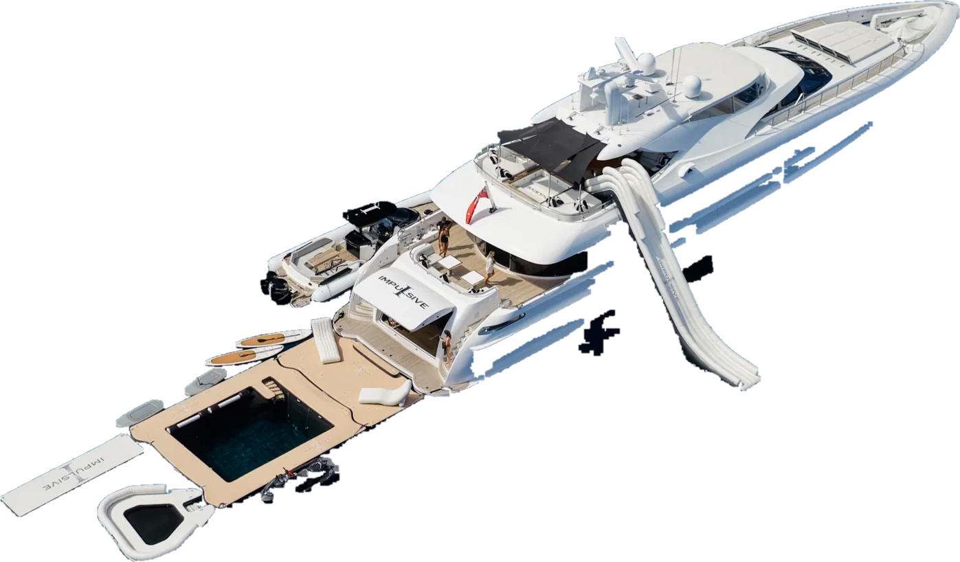 M/Y Impulsive from above with her toys and sea pool set up