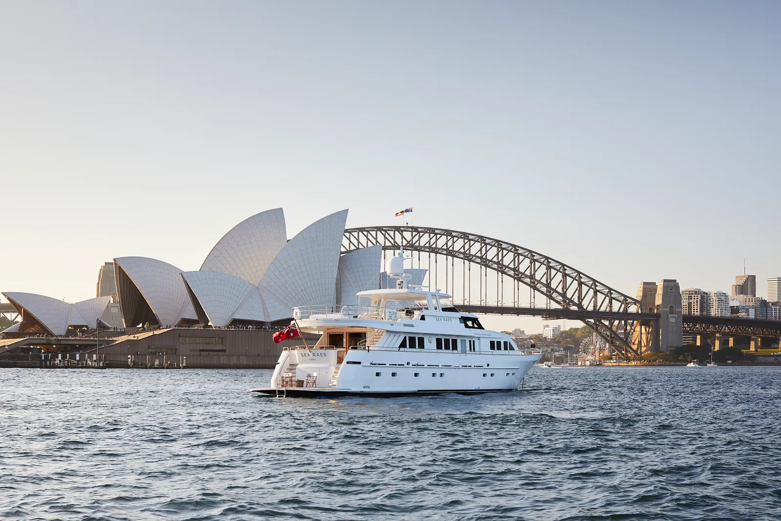 M/Y Sea Raes, passing the Sydney Opera House and Harbour Bridge